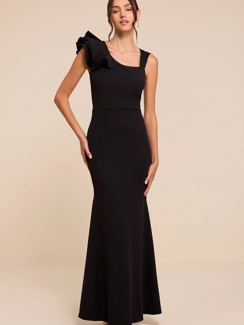 Lulu's Black One-Shoulder Ruffle Maxi Dress